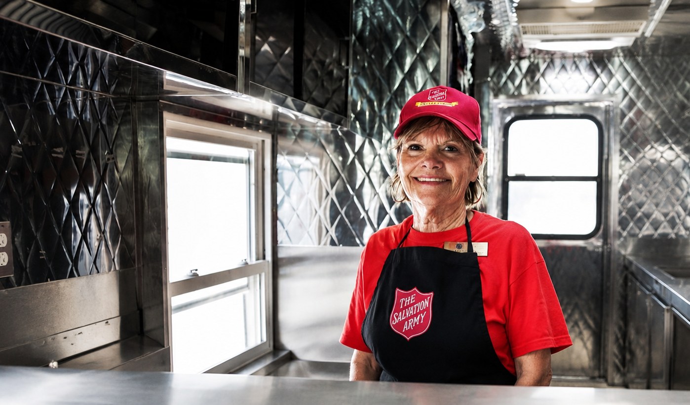Salvation Army food truck volunteer smiling at the service window